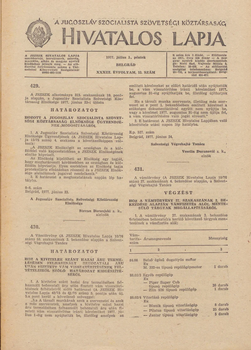 A Jugoszláv Szocialista Szövetségi Köztársaság Hivatalos Lapja, 33. évf. 1977. július 1. 33. sz. 1361–1372. oldal