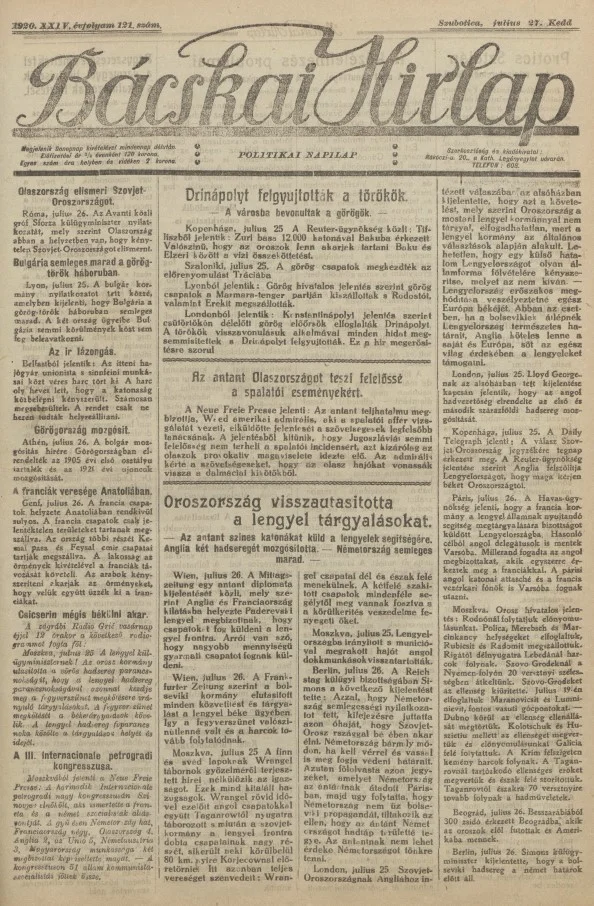 Bácskai Hirlap, 24. évf. 1920. július 27. 121. sz.
