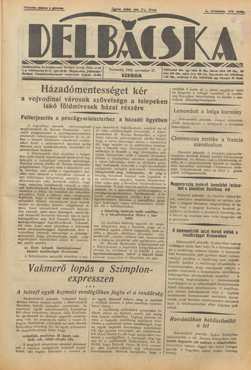 Délbácska, 10. évf. 1929. november 27. 276. sz.