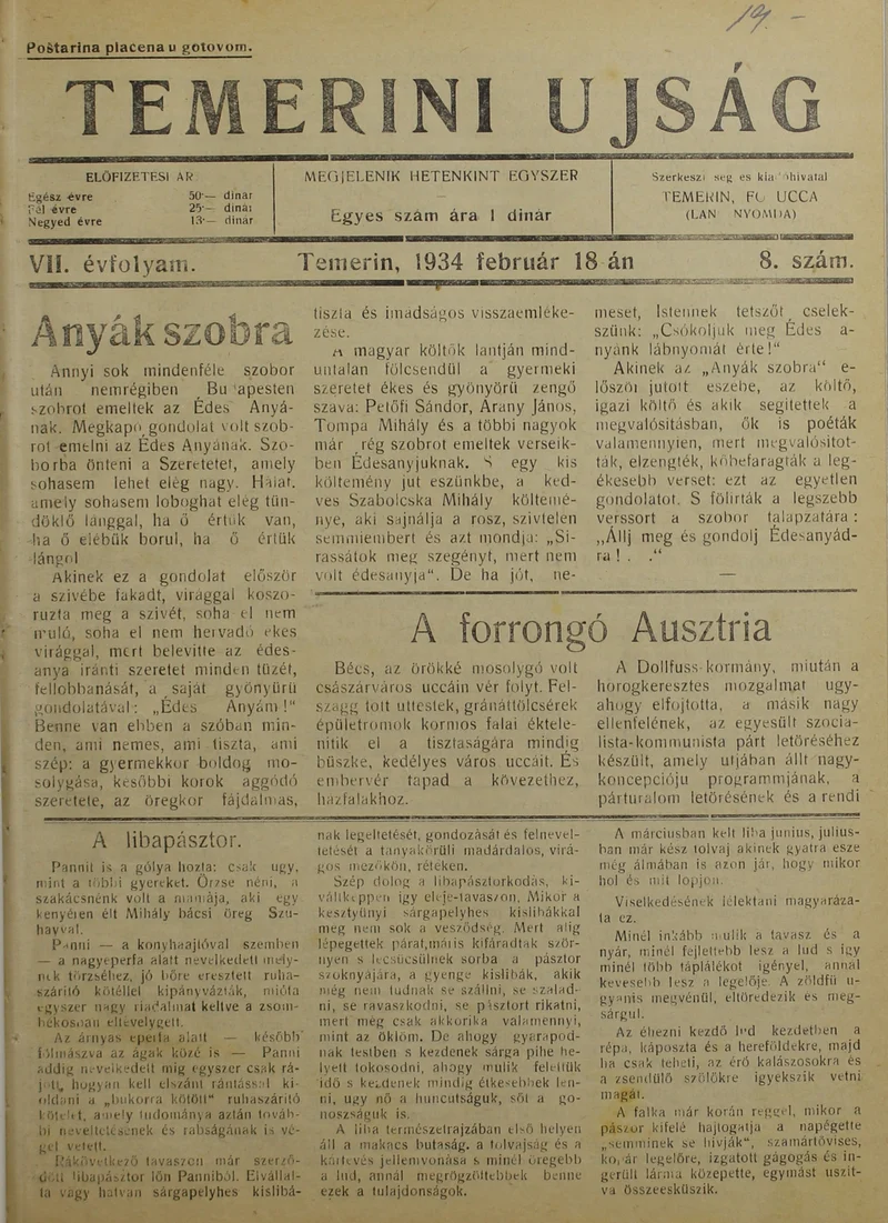 Temerini Újság 1928-1944, 7. évf. 1934. február 18. 8. sz.