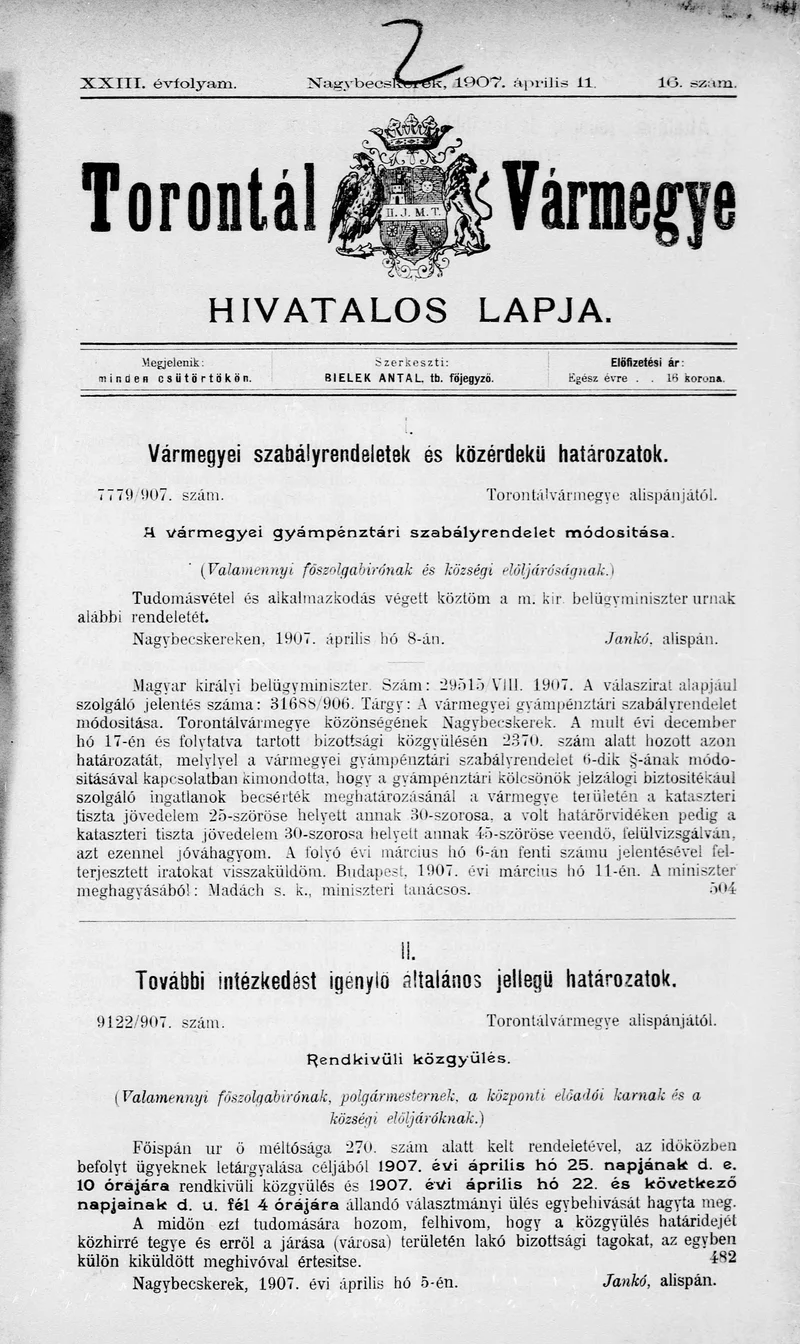 Torontál Vármegye Hivatalos Lapja, 23. évf. 1907. április 11. 16. sz.