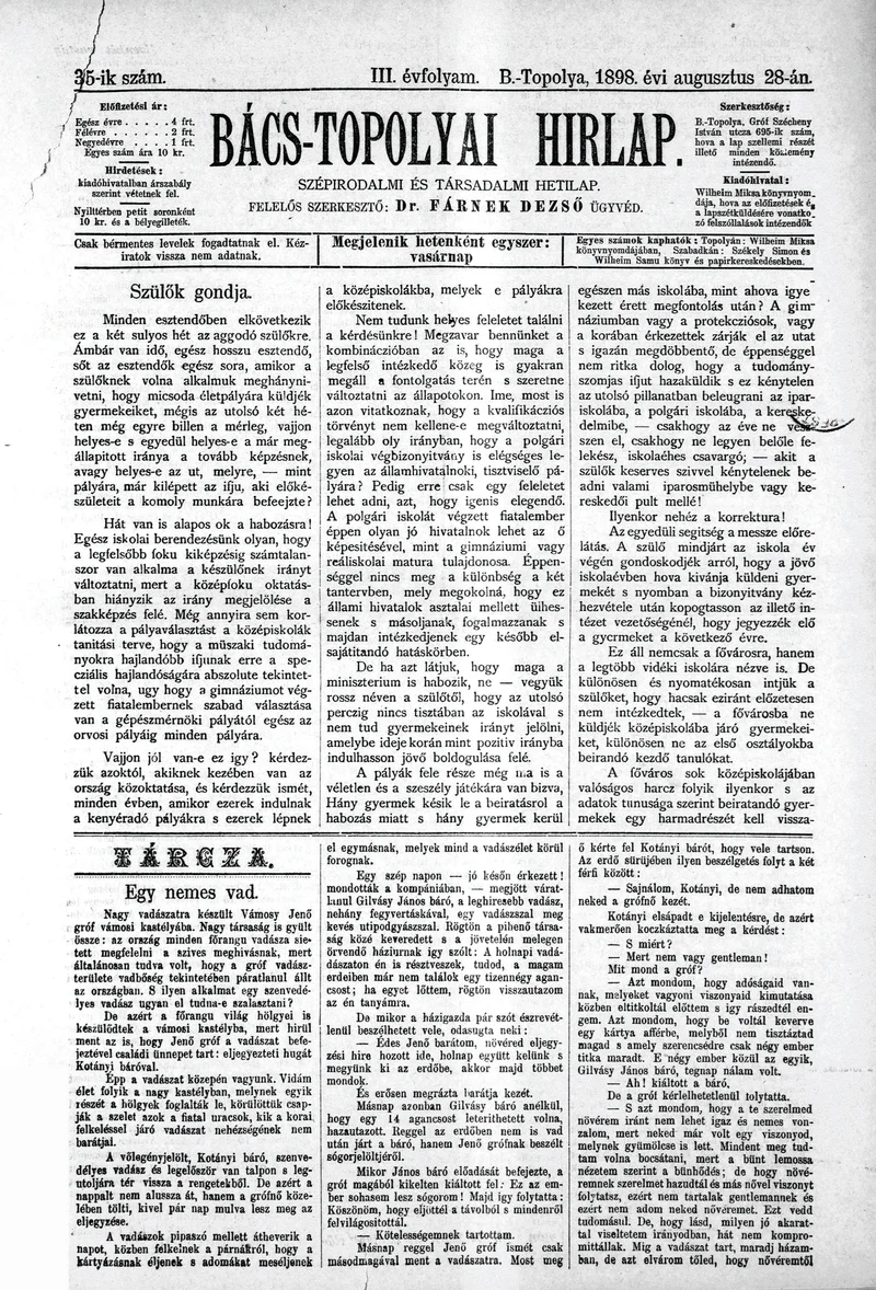Bács-Topolyai Hirlap, 3. évf. 1898. augusztus 28. 35. sz.