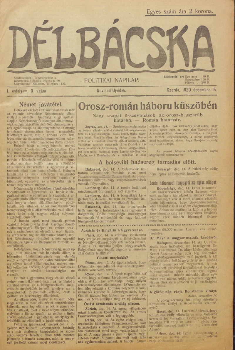 Délbácska, 1. évf. 1920. december 15. 3. sz.