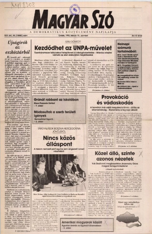 Magyar Szó, 49. évf. 1992. február 15. 44. sz. 1–20. oldal