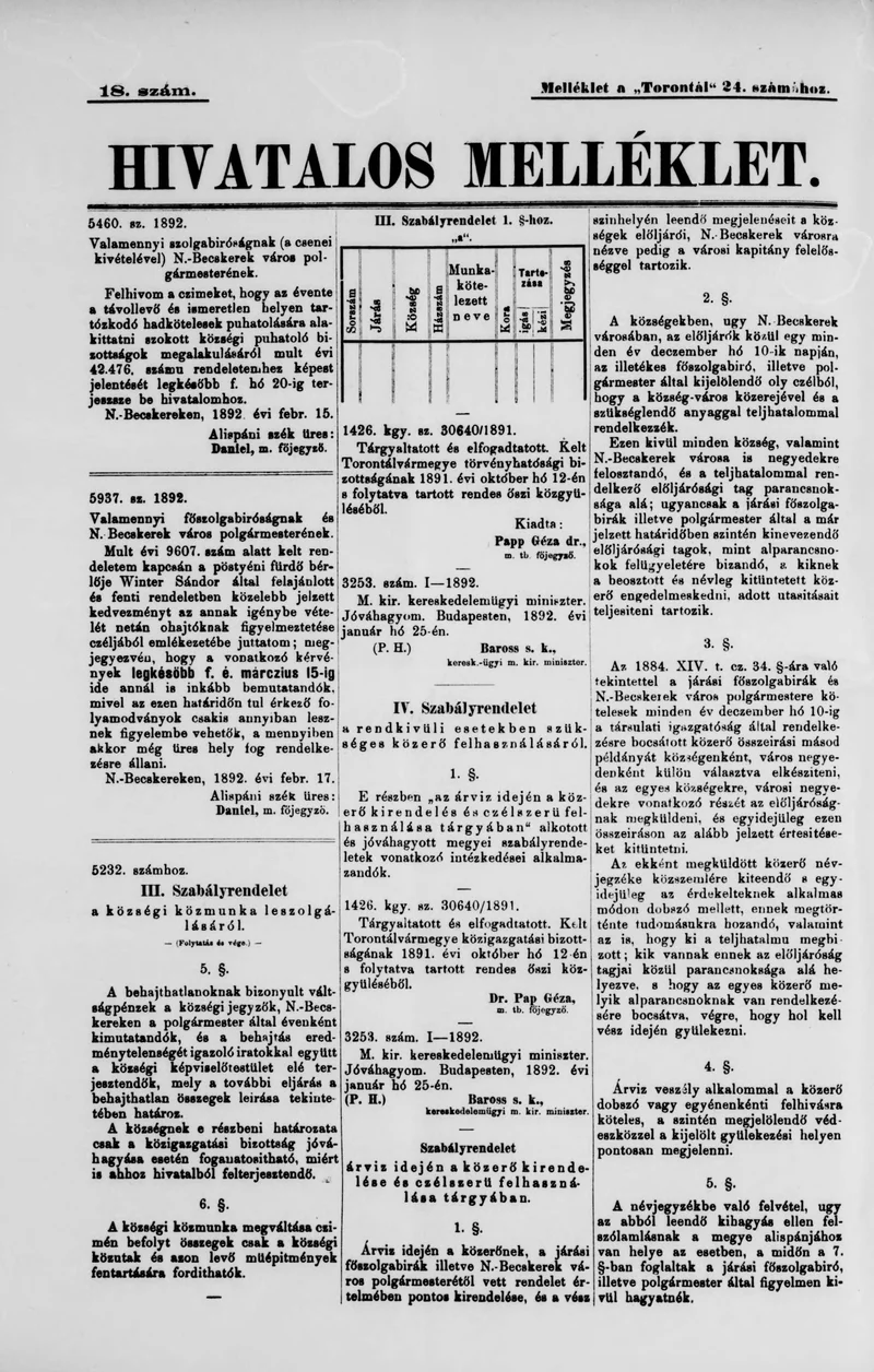 A Totontál  hivatalos melléklete, 5. évf. 1892. február 23. 18. sz.