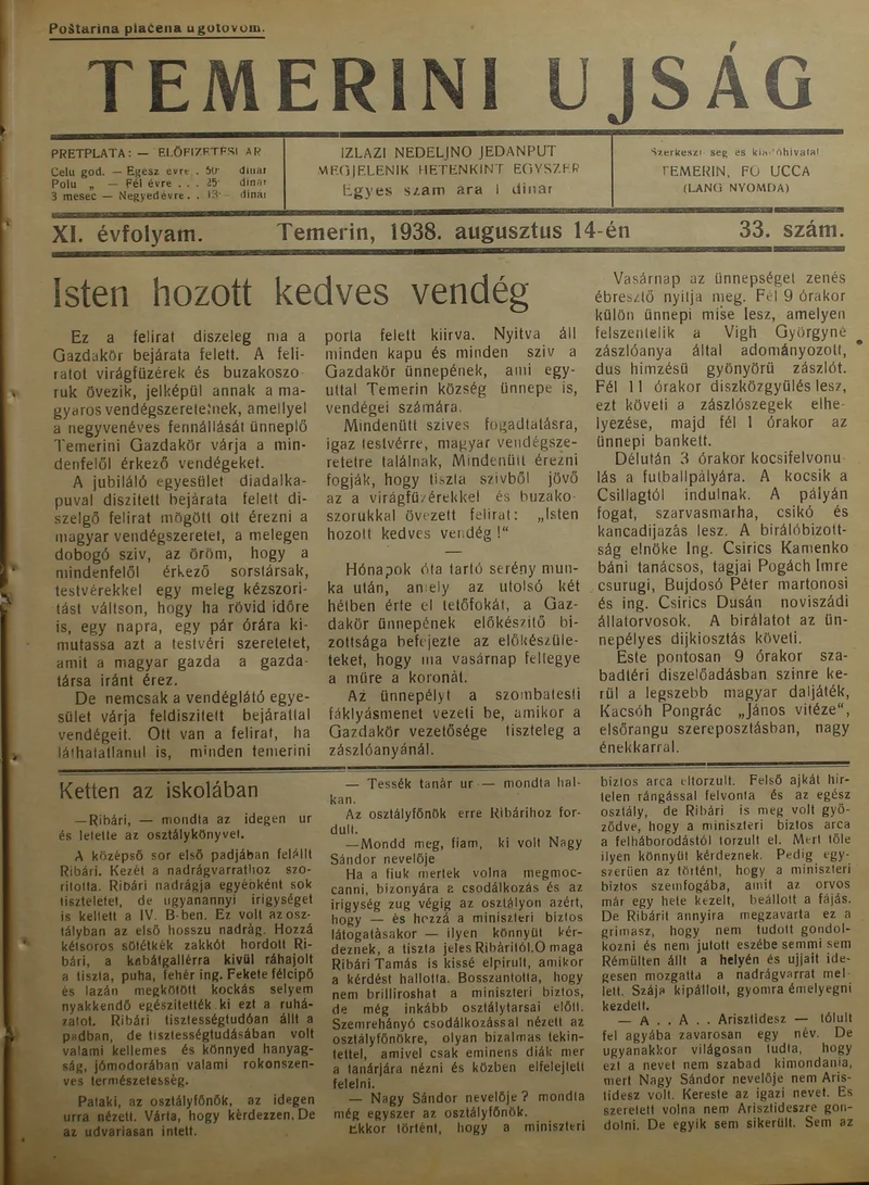 Temerini Újság 1928-1944, 11. évf. 1938. augusztus 14. 33. sz.