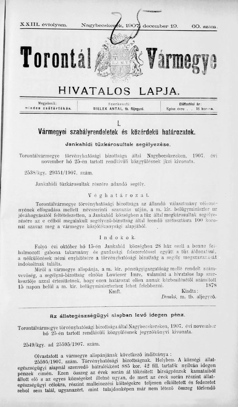 Torontál Vármegye Hivatalos Lapja, 23. évf. 1907. december 19. 60. sz.