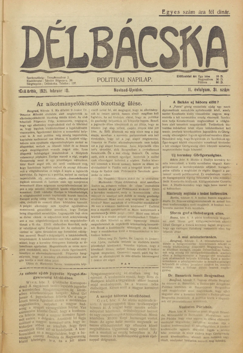 Délbácska, 2. évf. 1921. február 10. 31. sz.