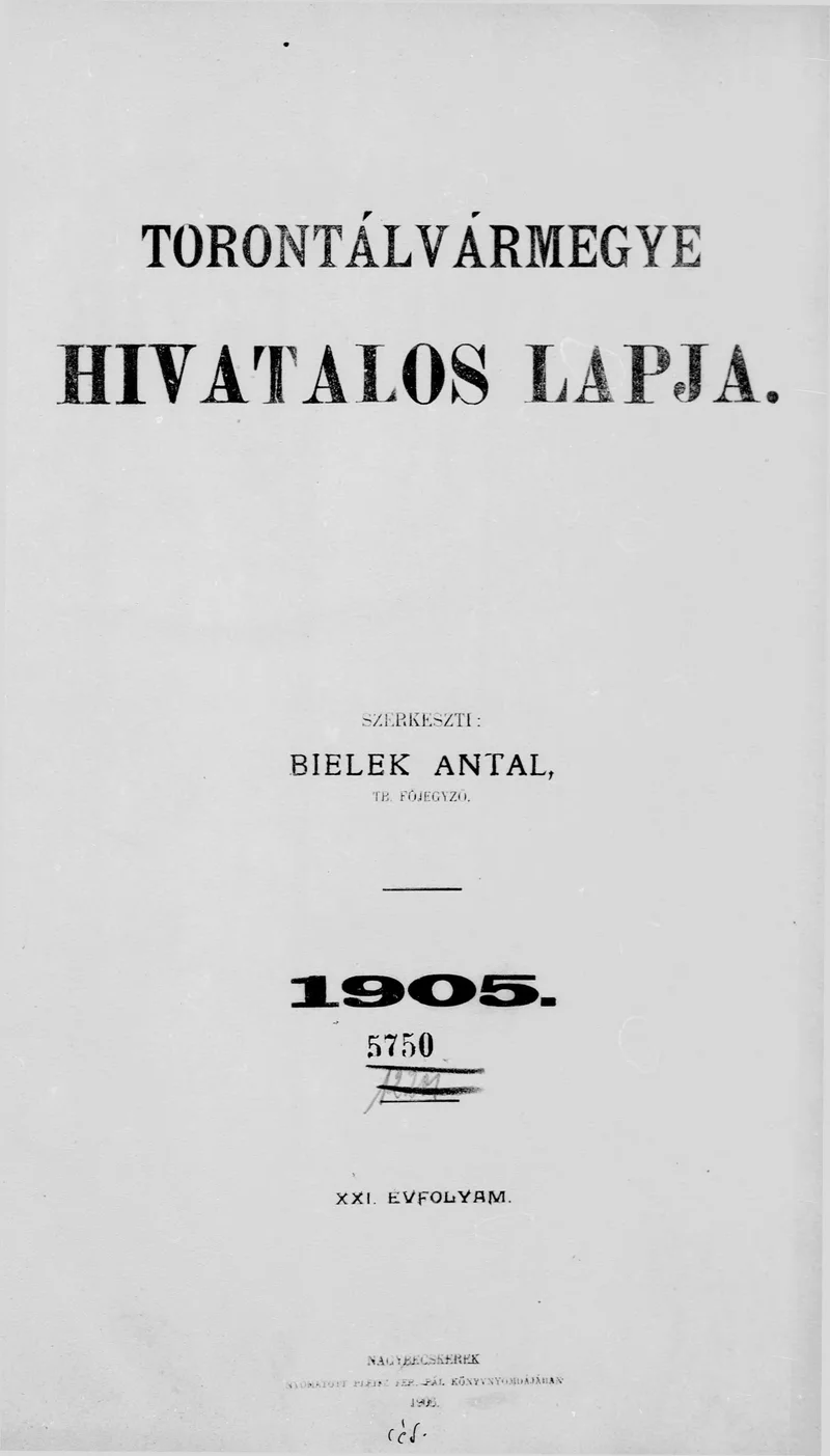 Torontál Vármegye Hivatalos Lapja, 21. évf. 1905. Tárgymutató