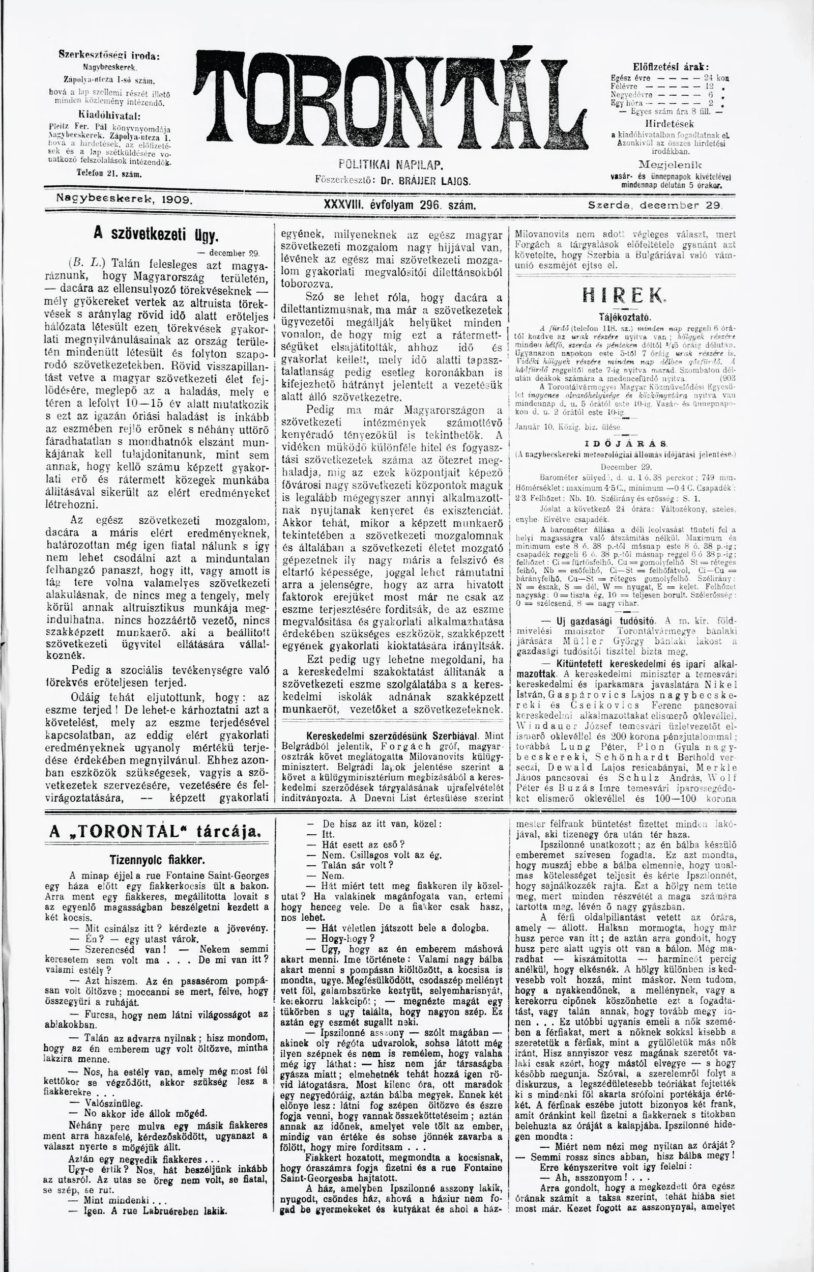 Torontál, 38. évf. 1909. december 29. 296. sz.
