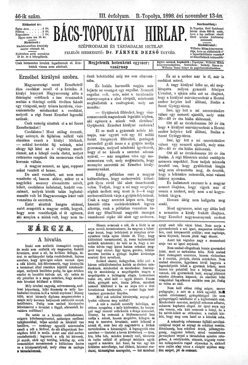 Bács-Topolyai Hirlap, 3. évf. 1898. november 13. 46. sz.
