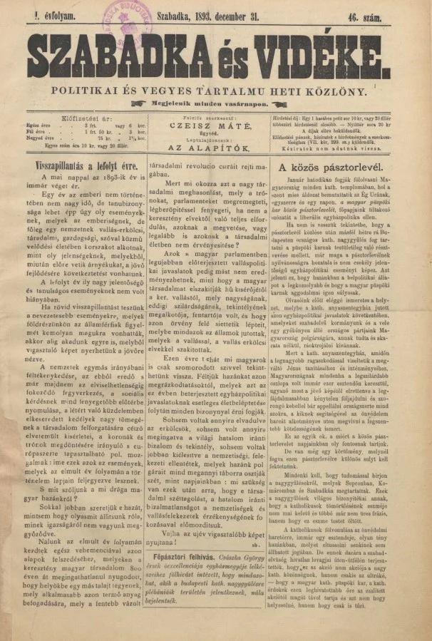 Szabadka és vidéke II, 1. évf. 1893. december 31. 46. sz.