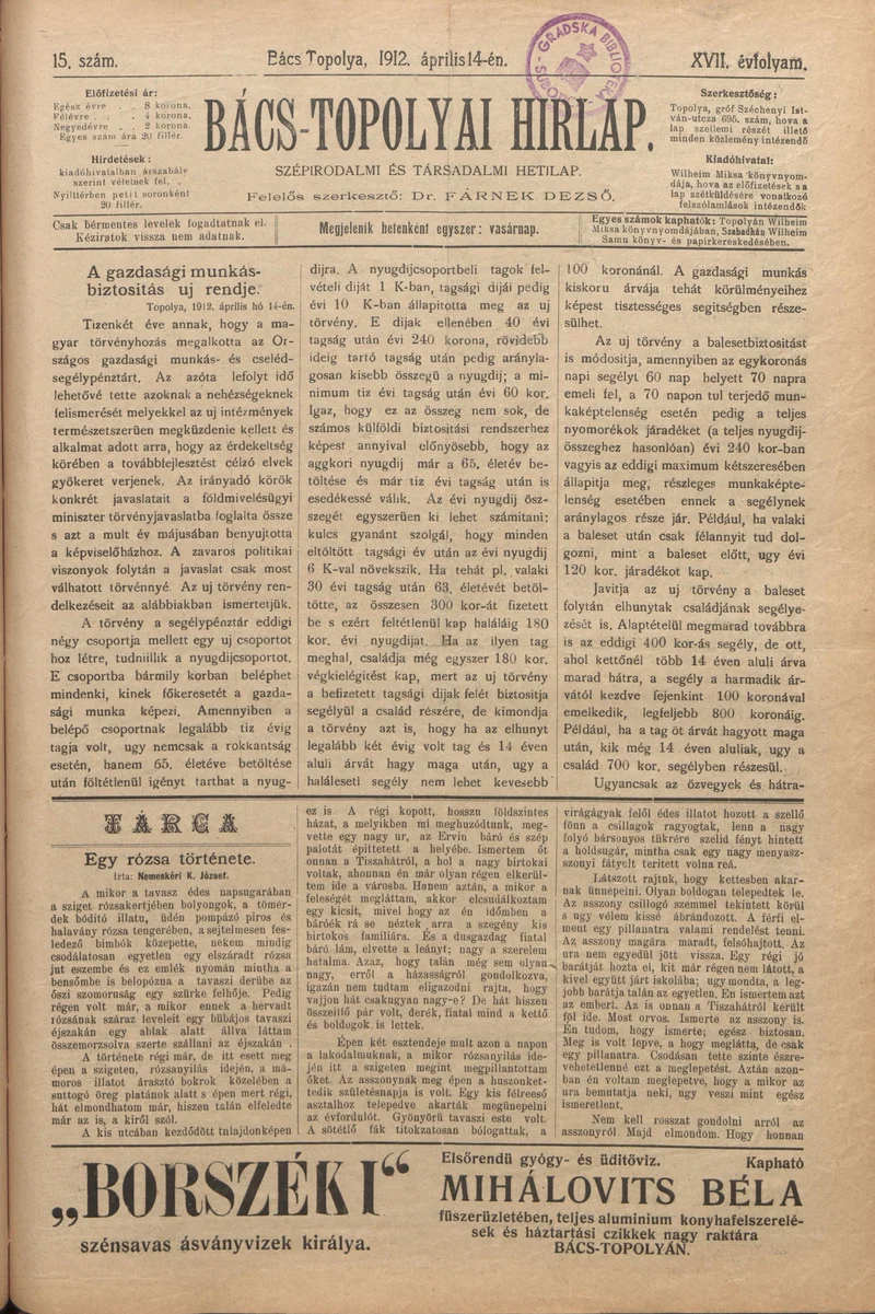Bács-Topolyai Hirlap, 17. évf. 1912. április 14. 15. sz.