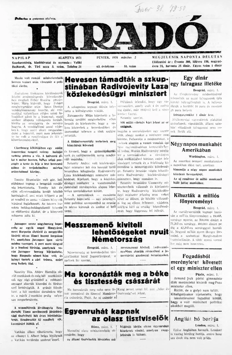 Híradó, 63. évf. 1934. március 2. 51. sz.
