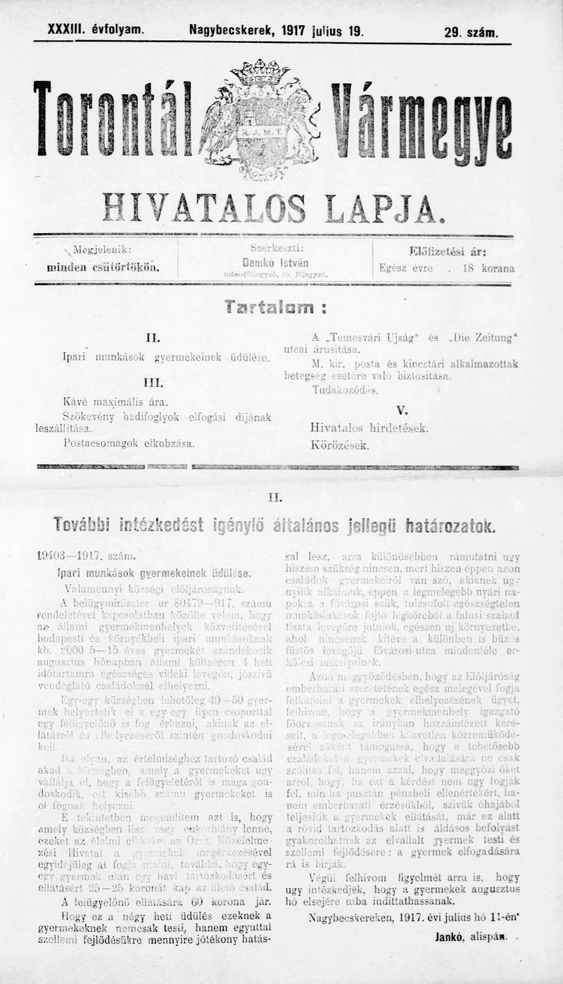 Torontál Vármegye Hivatalos Lapja, 33. évf. 1917. július 19. 29. sz.