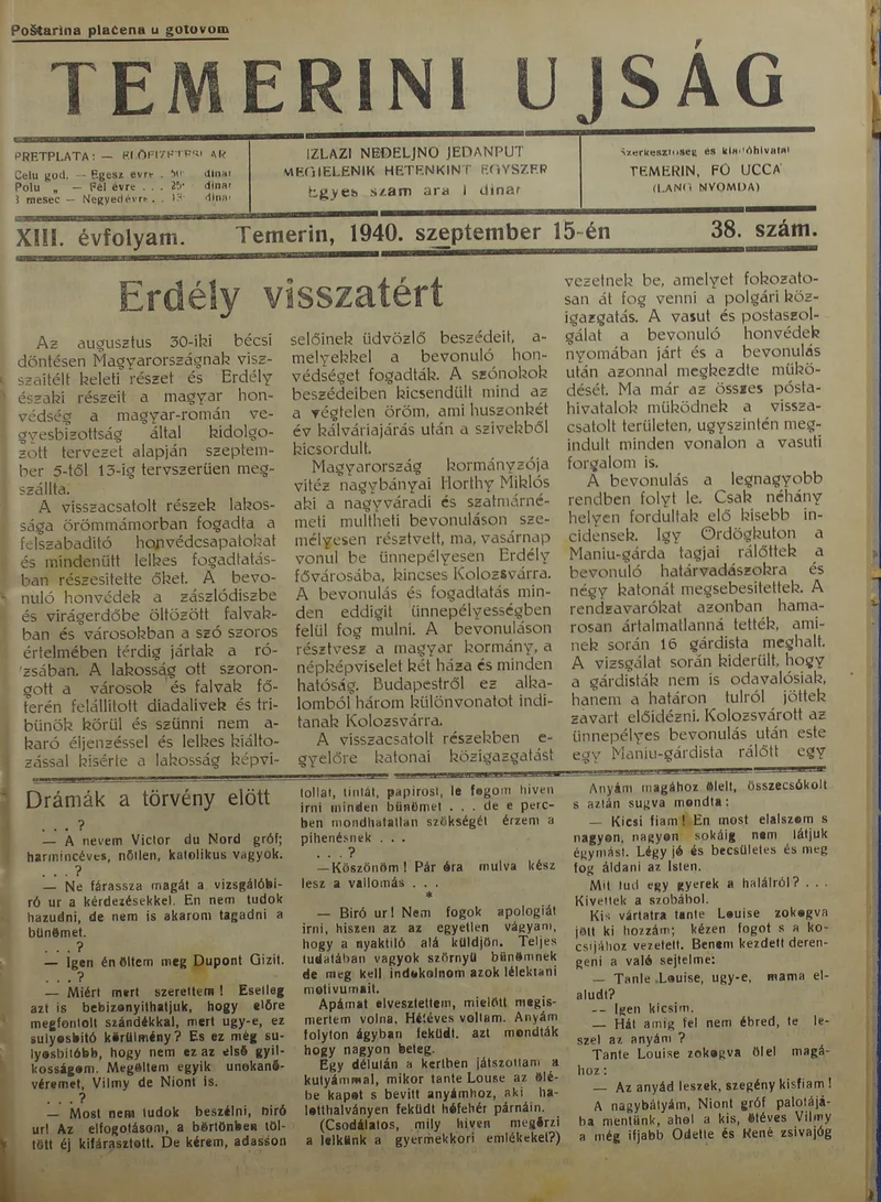 Temerini Újság 1928-1944, 13. évf. 1940. szeptember 15. 38. sz.