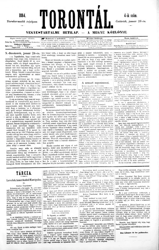 Torontál, 13. évf. 1884. január 24. 4. sz.