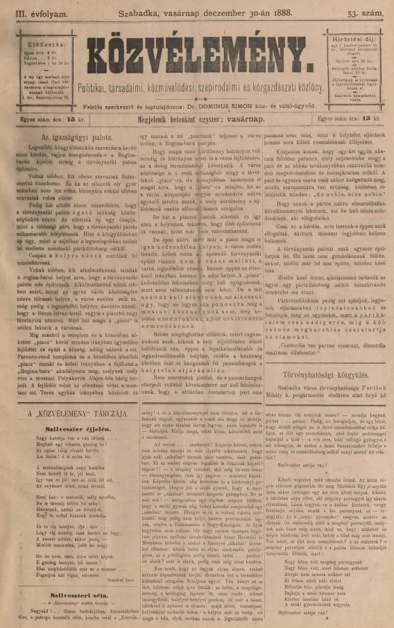 Közvélemény, 3. évf. 1888. december 30. 53. sz.