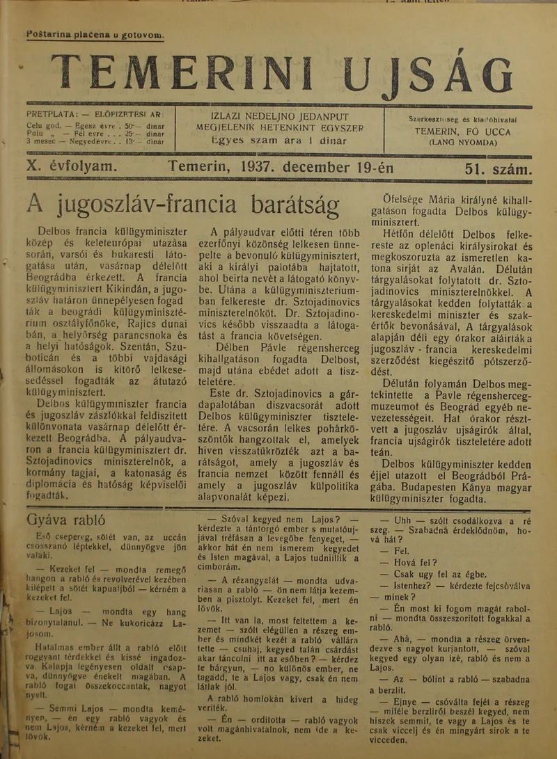 Temerini Újság 1928-1944, 10. évf. 1937. december 19. 51. sz.