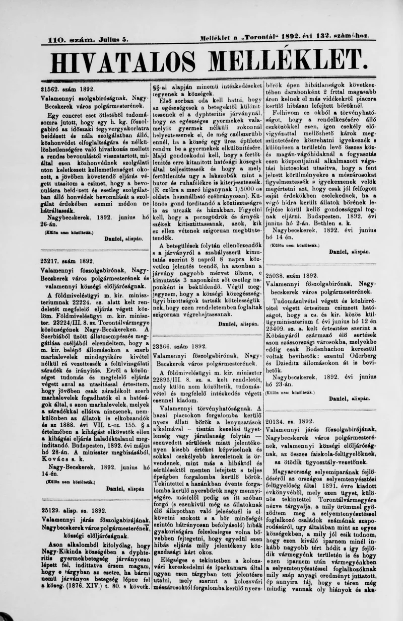 A Totontál  hivatalos melléklete, 5. évf. 1892. július 5. 110. sz.