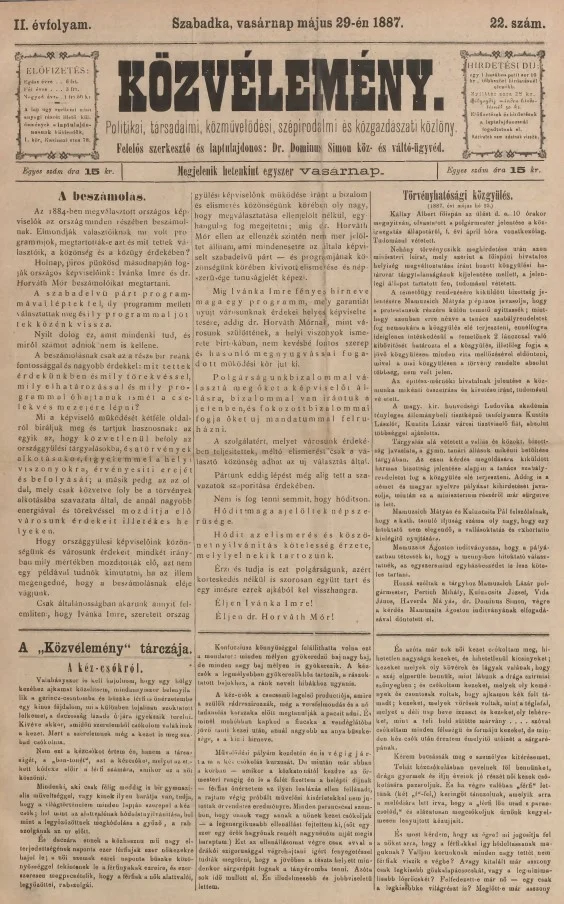 Közvélemény, 2. évf. 1887. május 29. 22. sz.