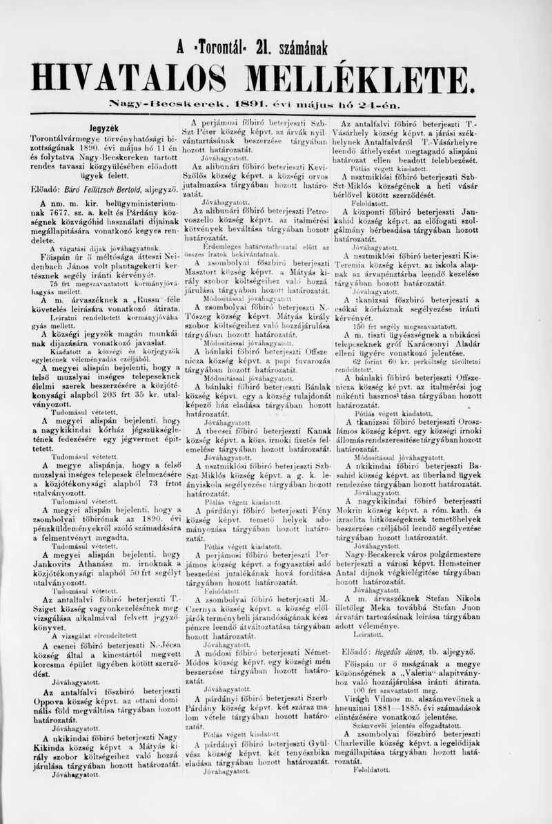 A Totontál  hivatalos melléklete, 4. évf. 1891. május 24. 21. sz.