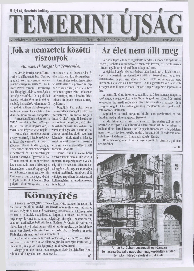 Temerini Újság, 5. évf. 1999. április 22. 16. sz.