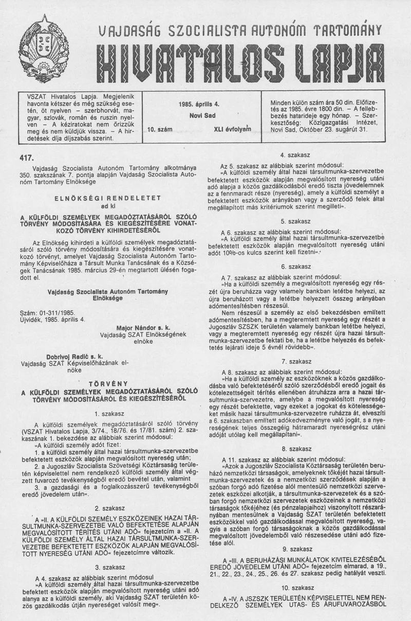 Vajdaság Szocialista Autonóm Tartomány Hivatalos Lapja, 41. évf. 1985. április 4. 10. sz.