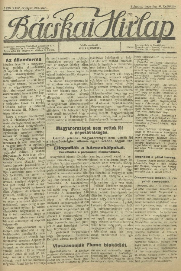 Bácskai Hirlap, 24. évf. 1920. december 9. 216. sz.