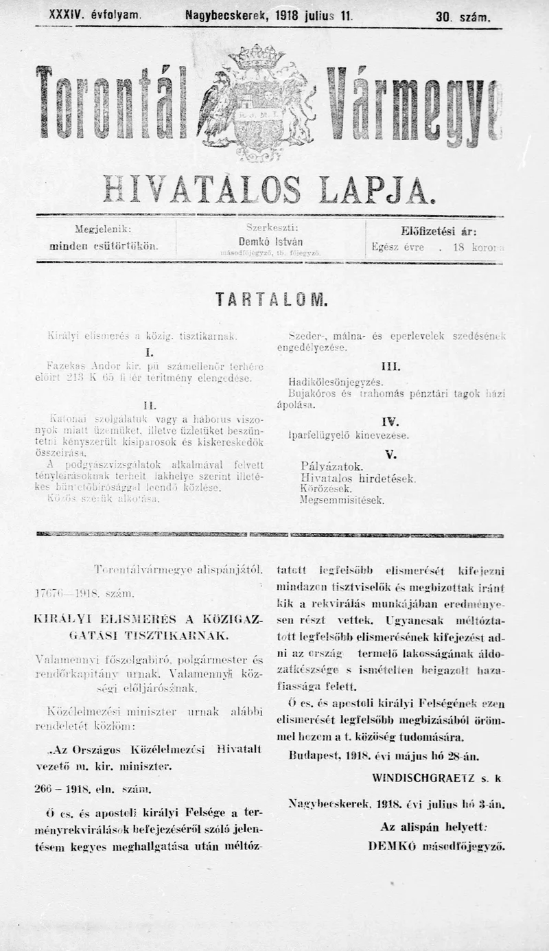 Torontál Vármegye Hivatalos Lapja, 34. évf. 1918. július 11. 30. sz.