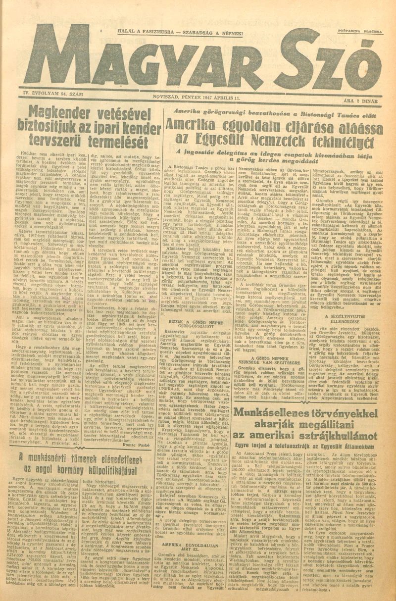 Magyar Szó, 4. évf. 1947. április 11. 94. sz. 1–6. oldal