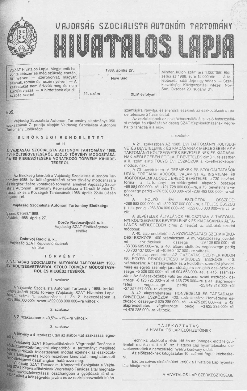 Vajdaság Szocialista Autonóm Tartomány Hivatalos Lapja, 44. évf. 1988. április 27. 11. sz.
