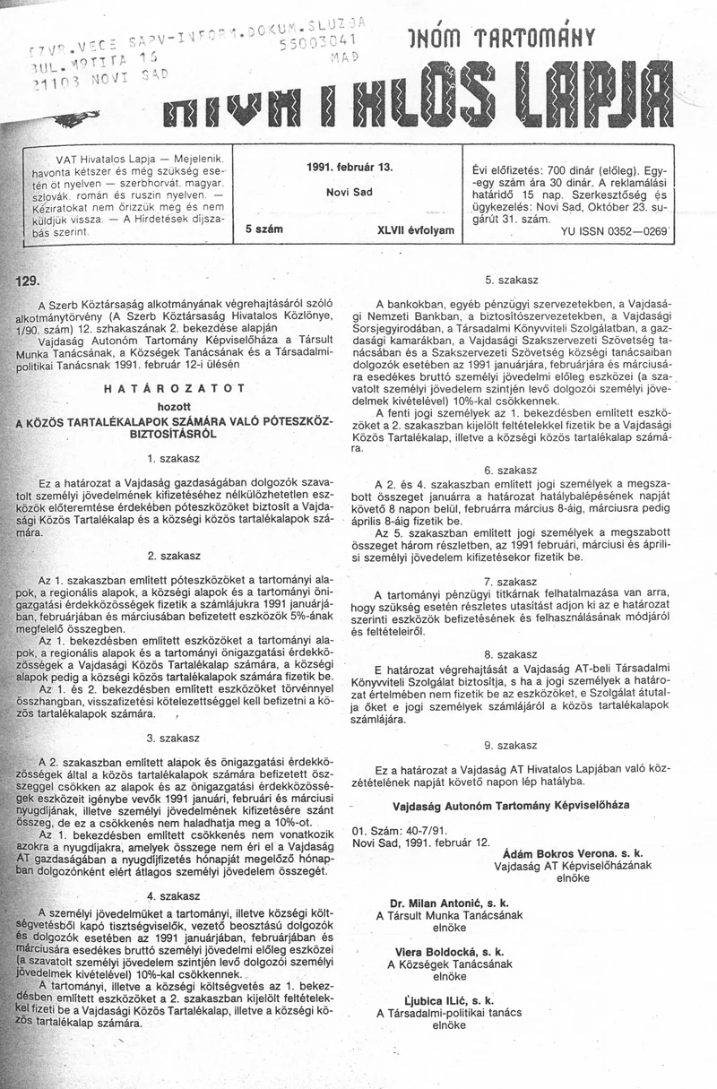 Vajdaság Szocialista Autonóm Tartomány Hivatalos Lapja, 47. évf. 1991. február 13. 5. sz.
