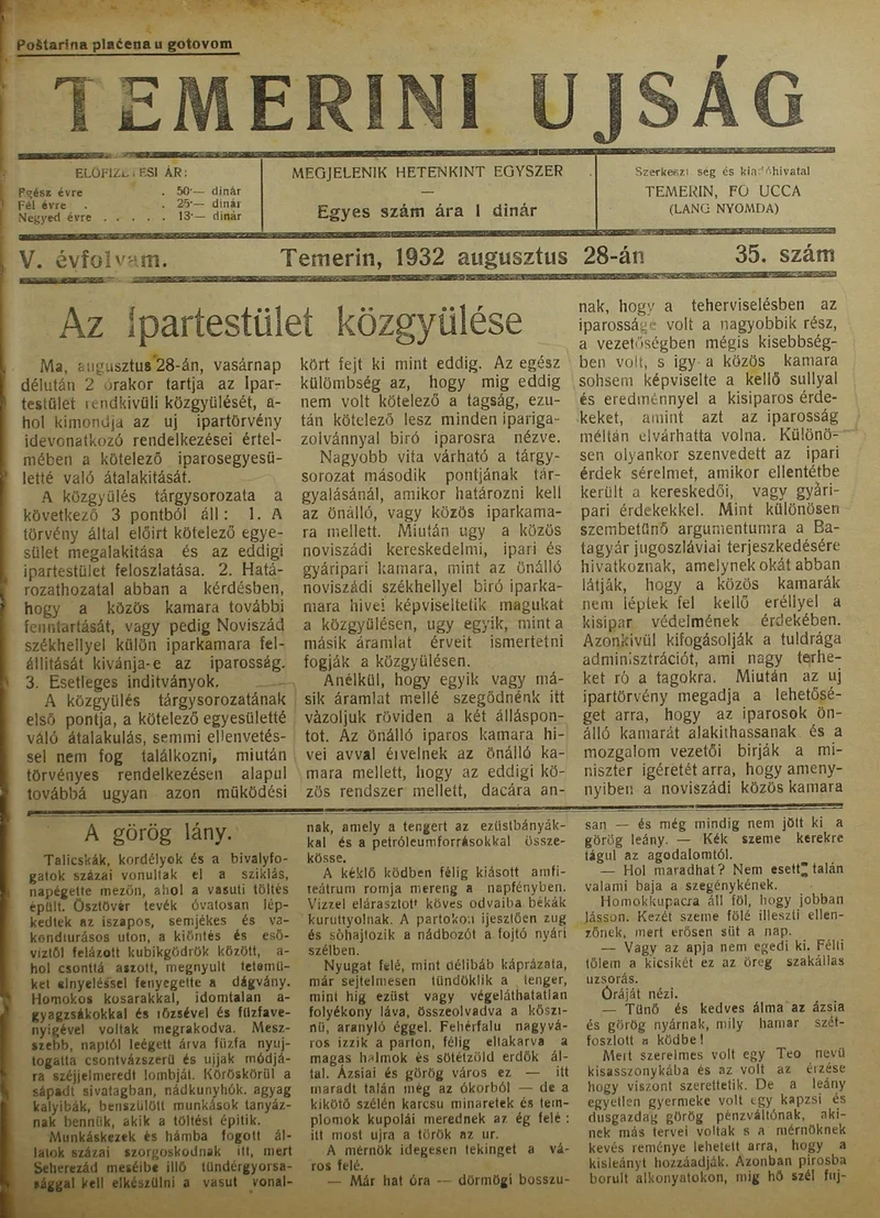 Temerini Újság 1928-1944, 5. évf. 1932. augusztus 28. 35. sz.