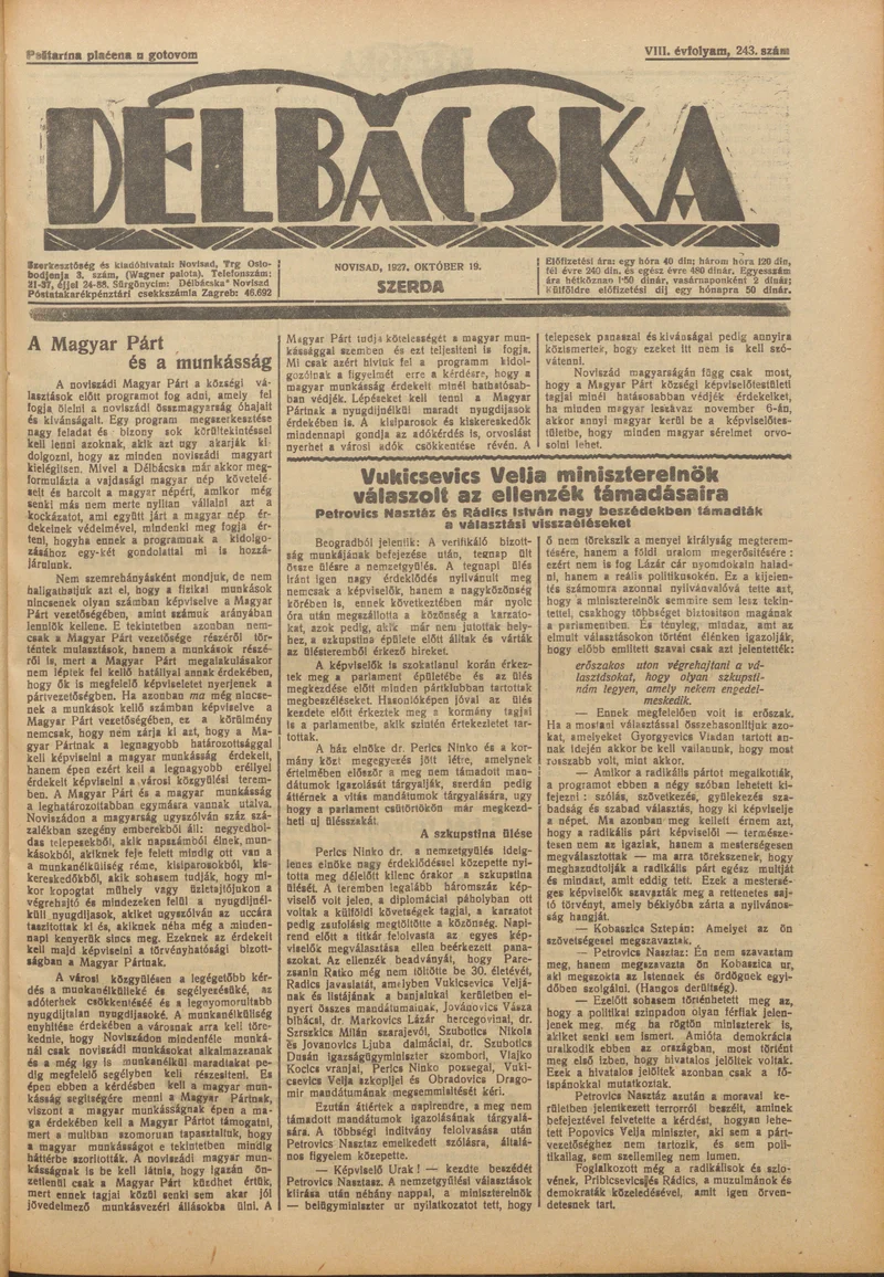 Délbácska, 8. évf. 1927. október 19. 243. sz.