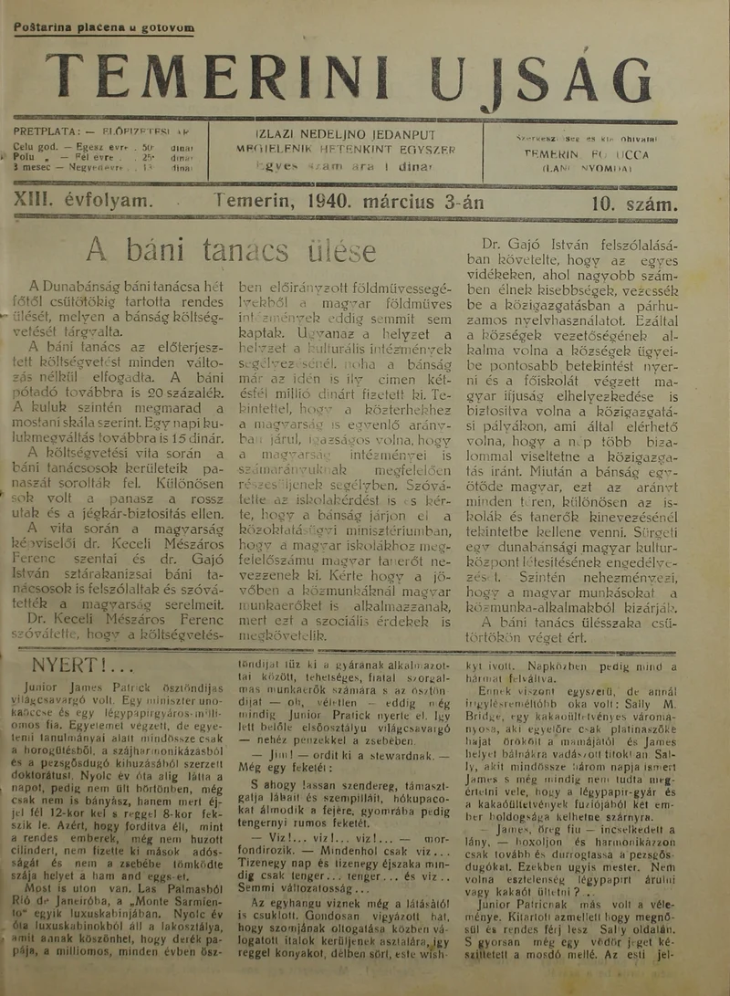 Temerini Újság 1928-1944, 13. évf. 1940. március 3. 10. sz.