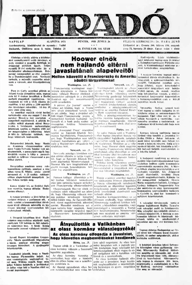 Híradó, 60. évf. 1931. június 26. 144. sz.