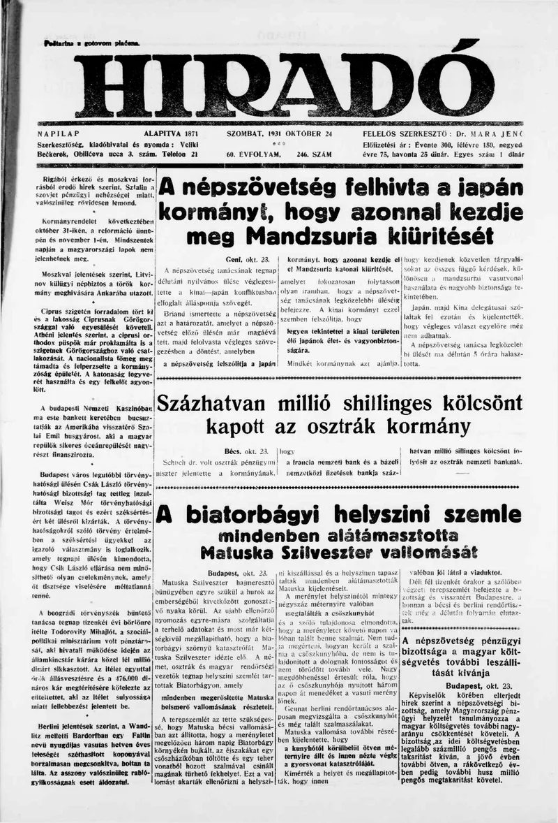 Híradó, 60. évf. 1931. október 24. 246. sz.