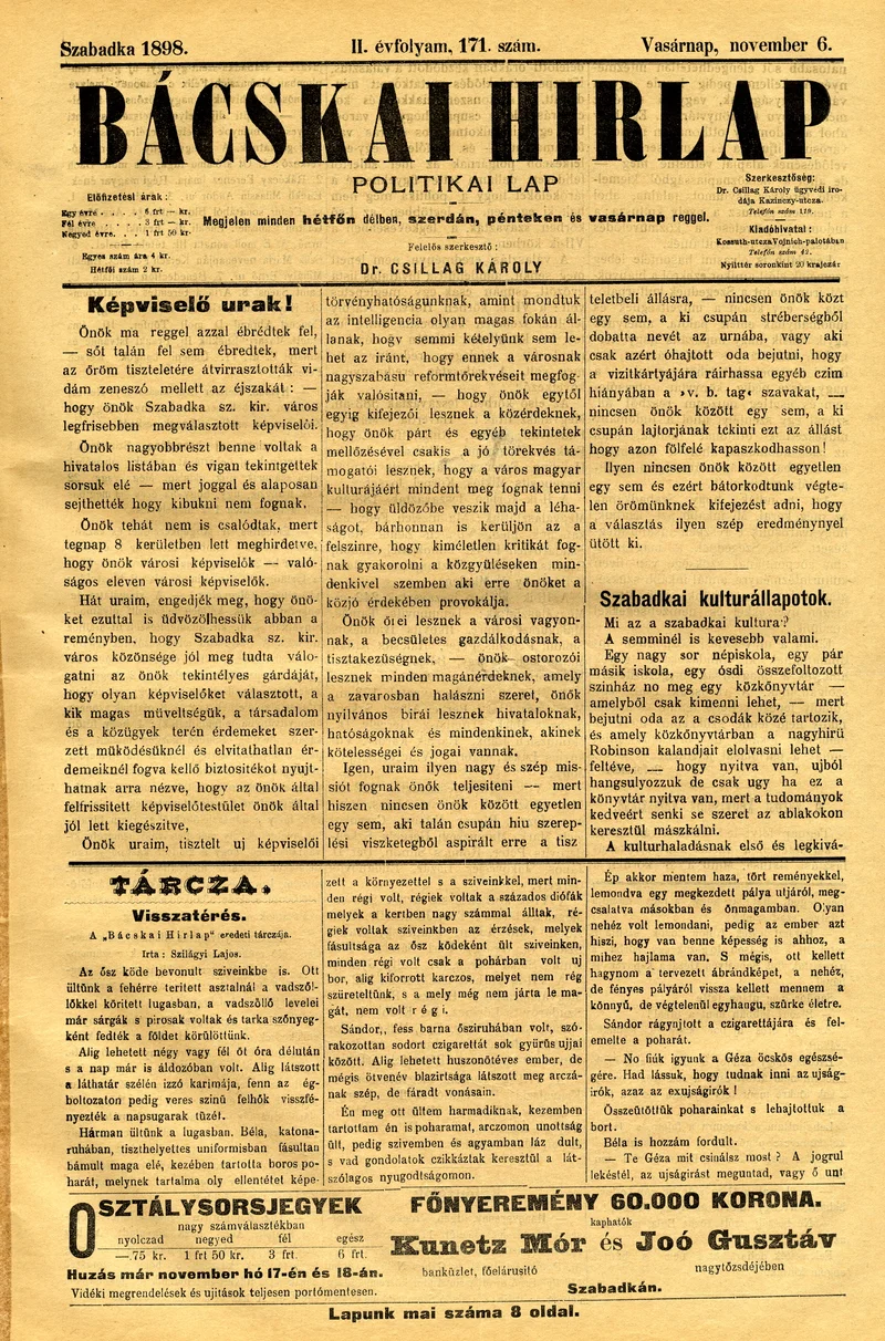 Bácskai Hirlap, 2. évf. 1898. november 6. 171. sz. 1–8. oldal