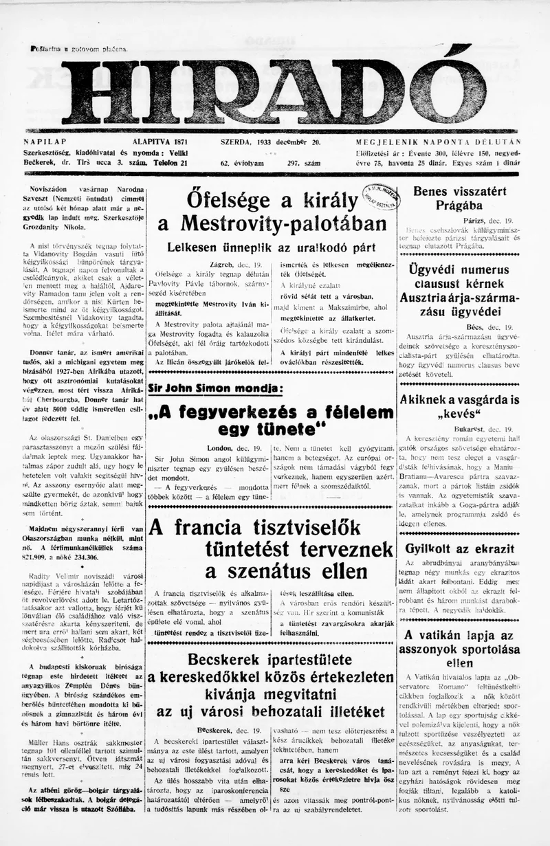 Híradó, 62. évf. 1933. december 20. 297. sz.