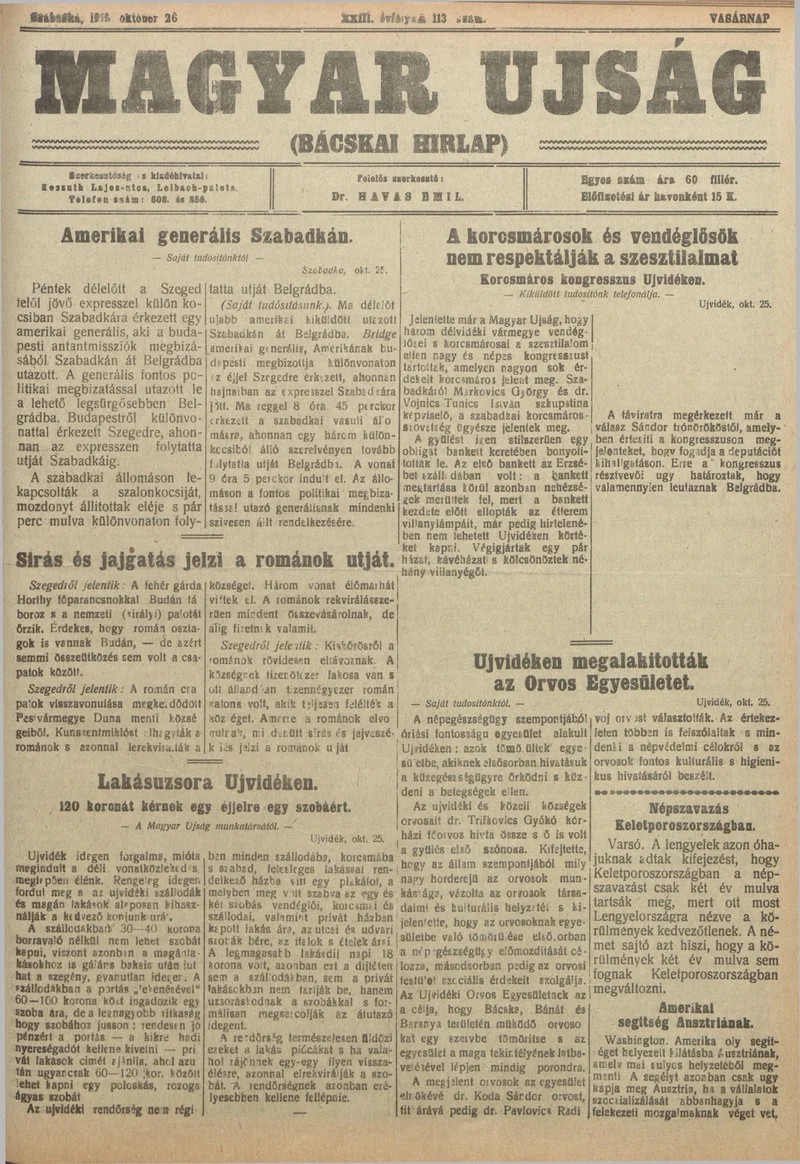 Bácskai Hirlap, 23. évf. 1919. október 26. 113. sz.