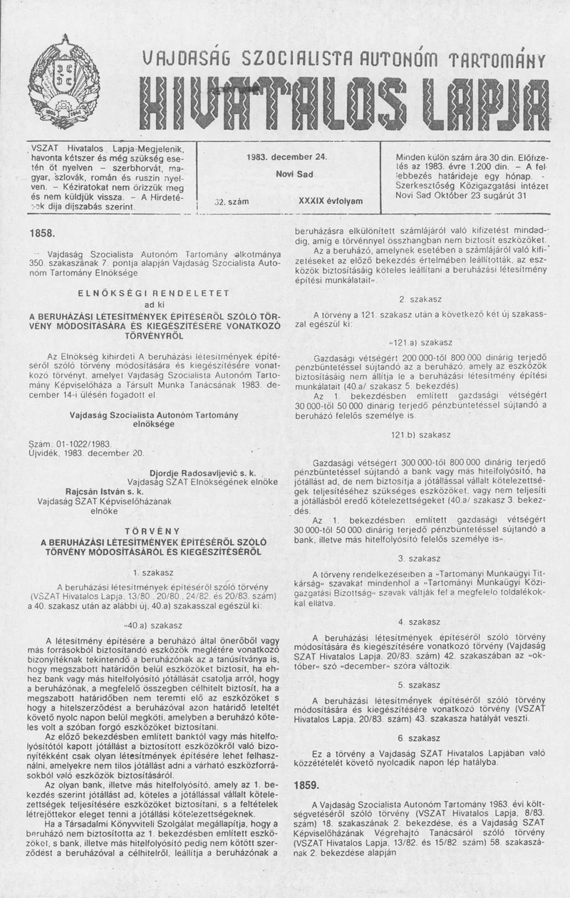 Vajdaság Szocialista Autonóm Tartomány Hivatalos Lapja, 39. évf. 1983. december 24. 32. sz.
