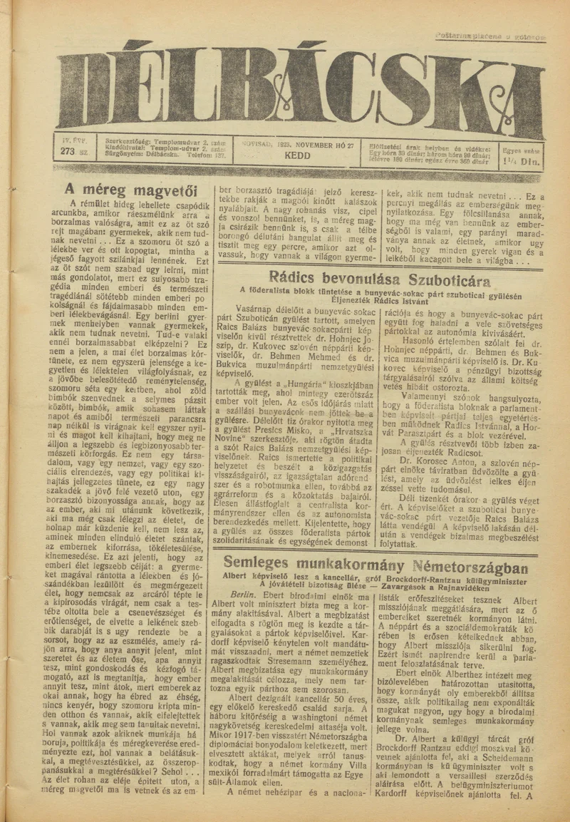 Délbácska, 4. évf. 1923. november 27. 273. sz.