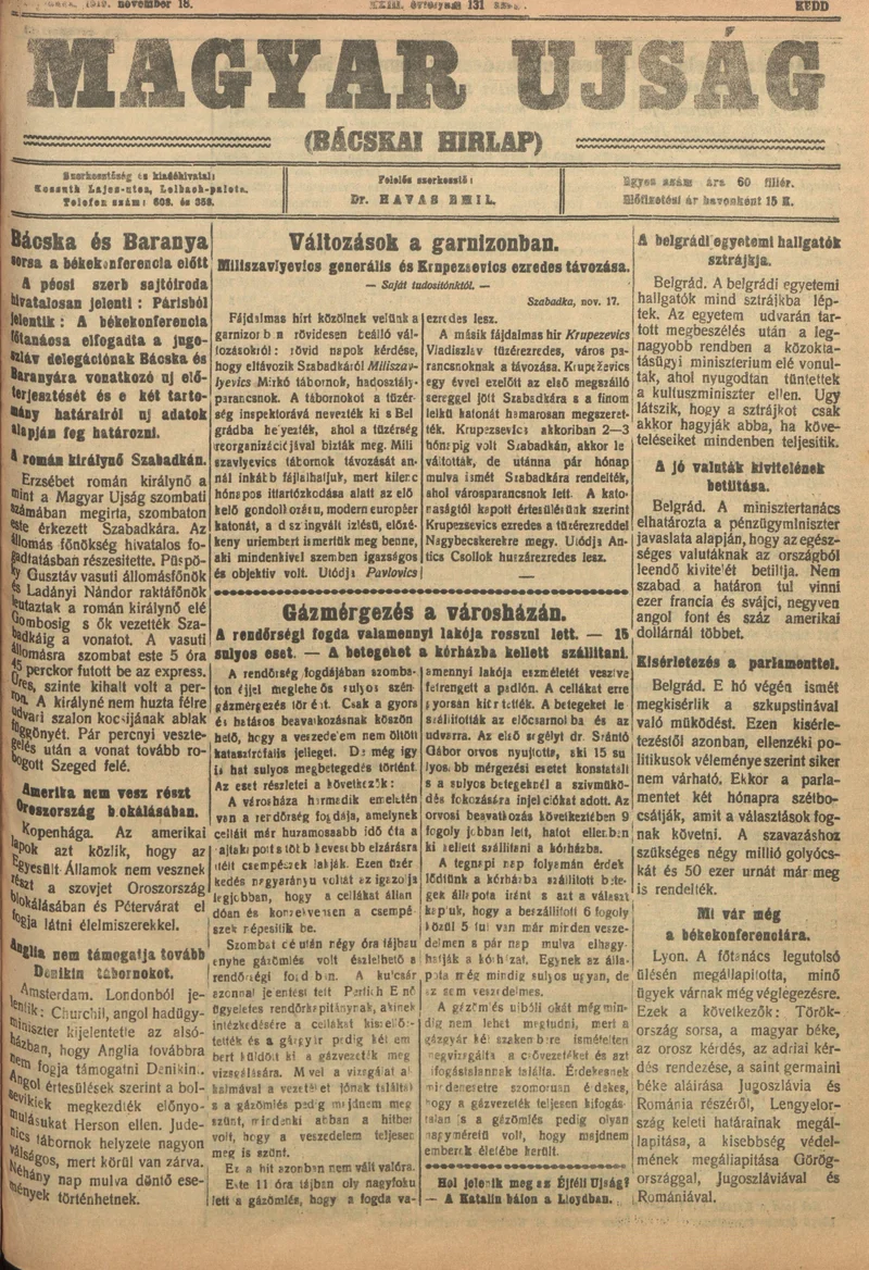 Bácskai Hirlap, 23. évf. 1919. november 18. 131. sz.