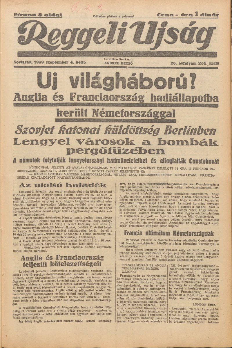 Reggeli Újság, 20. évf. 1939. szeptember 4. 244. sz.