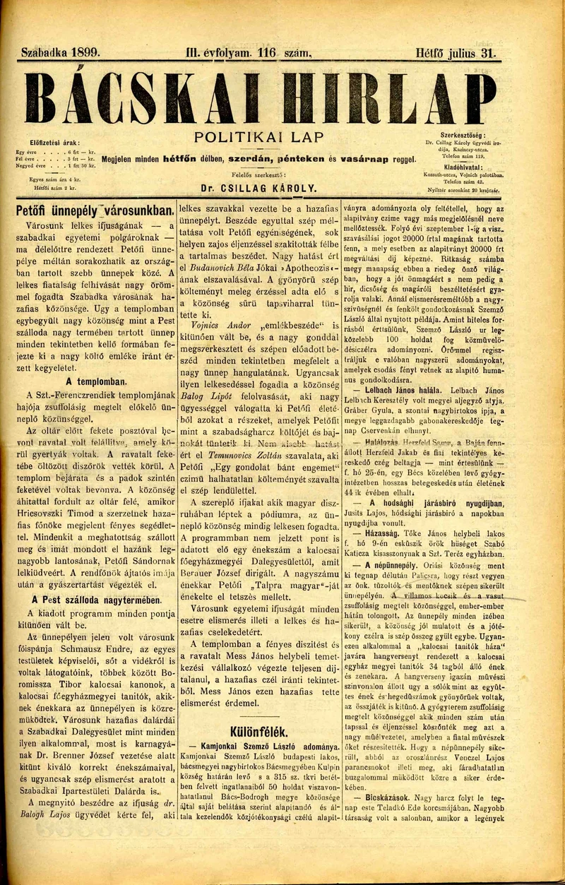 Bácskai Hirlap, 3. évf. 1899. július 31. 116. sz.