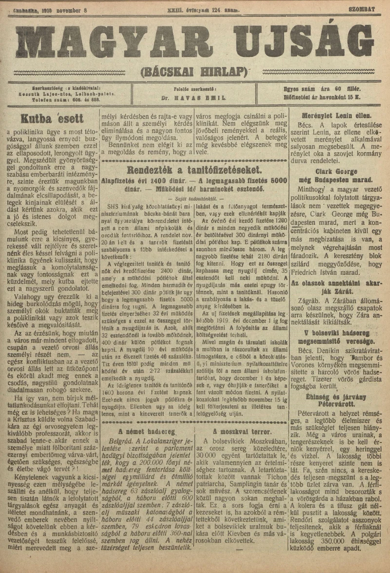 Bácskai Hirlap, 23. évf. 1919. november 8. 124. sz.