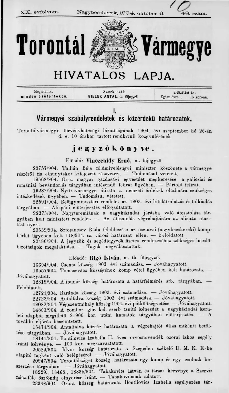 Torontál Vármegye Hivatalos Lapja, 20. évf. 1904. október 6. 48. sz.