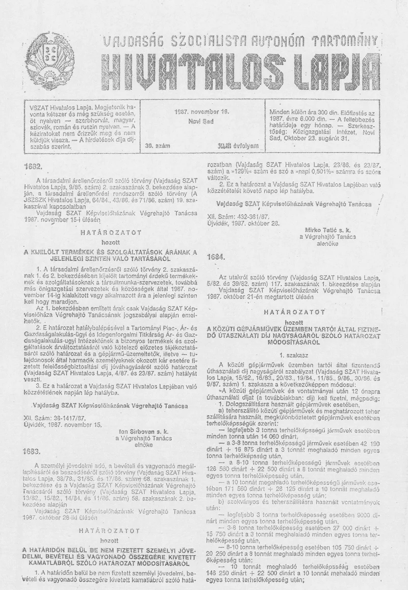 Vajdaság Szocialista Autonóm Tartomány Hivatalos Lapja, 43. évf. 1987. november 16. 30. sz.