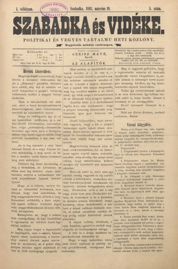 Szabadka és vidéke II, 1. évf. 1893. március 19. 5. sz.
